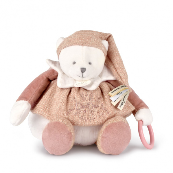 Doudou Dárková sada Plyšový lední medvídek s kroužkem 30 cm růžový