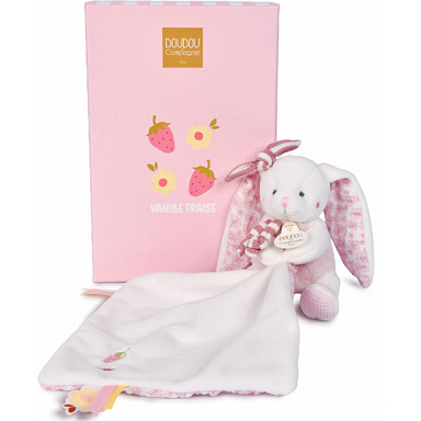 Doudou Dárková sada Plyšový králíček s dečkou 10 cm růžový
