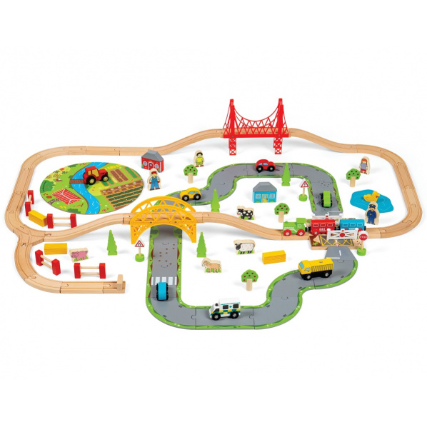 Bigjigs Rail Dřevěná vláčkodráha s venkovskou cestou 80 dílů Bigjigs Rail Dřevěná vláčkodráha s venkovskou cestou 80 dílů