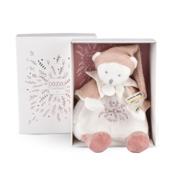Doudou Dárková sada Plyšový muchláček medvídek s čepičkou růžový 25 cm