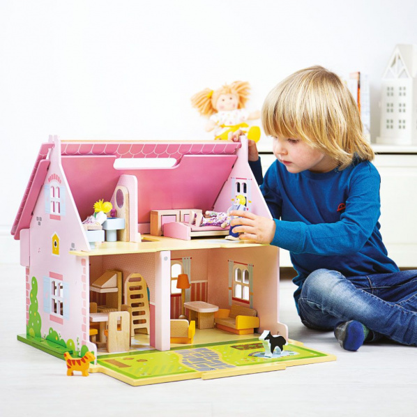 Bigjigs Toys Přenosný dřevěný domeček pro panenky Bigjigs Toys Přenosný dřevěný domeček pro panenky