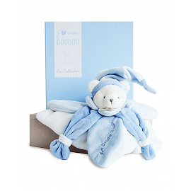 Doudou Dárková sada - plyšový muchláček modrý medvídek 24 cm